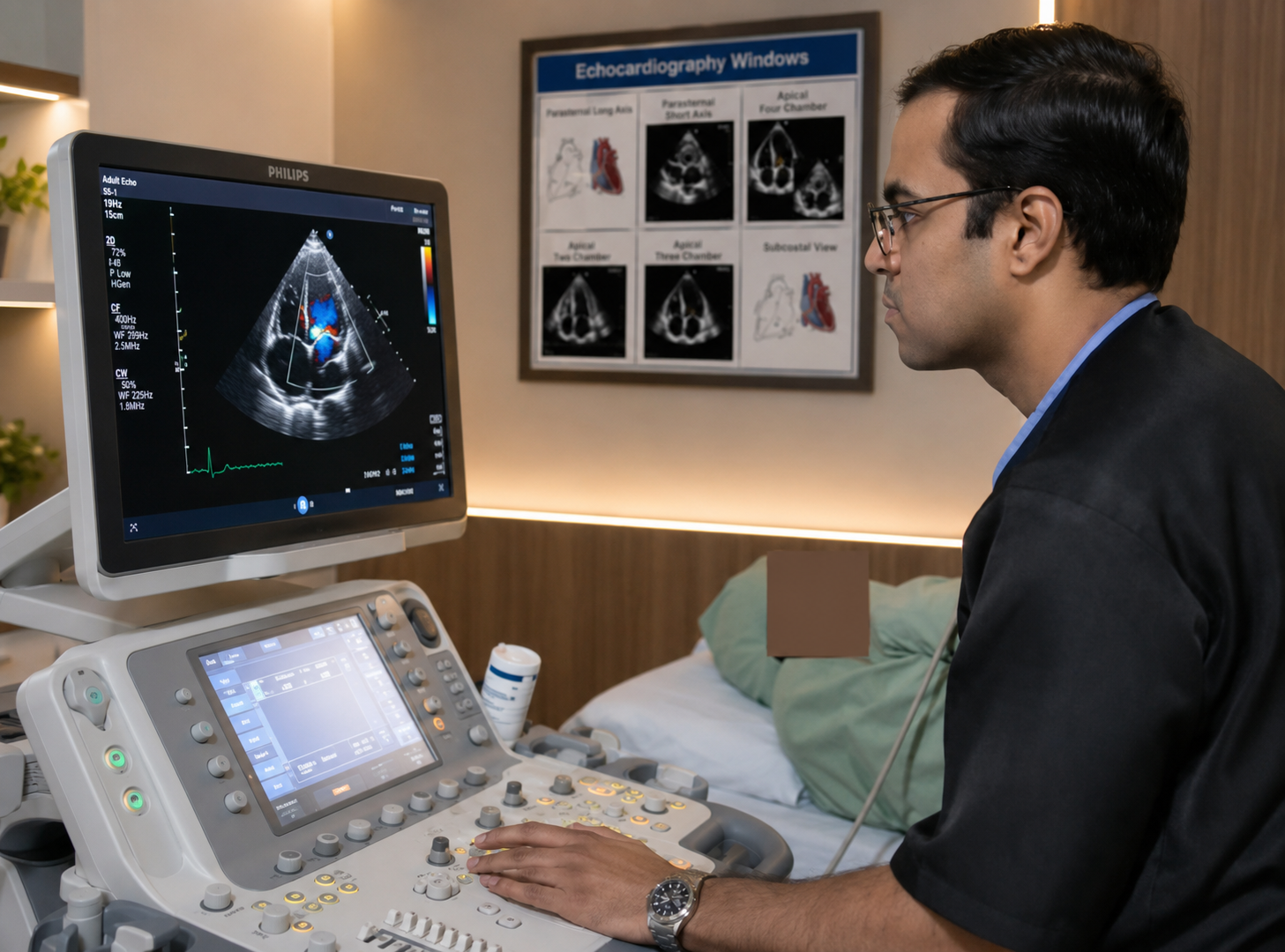 Echocardiography — apical four-chamber view with color Doppler